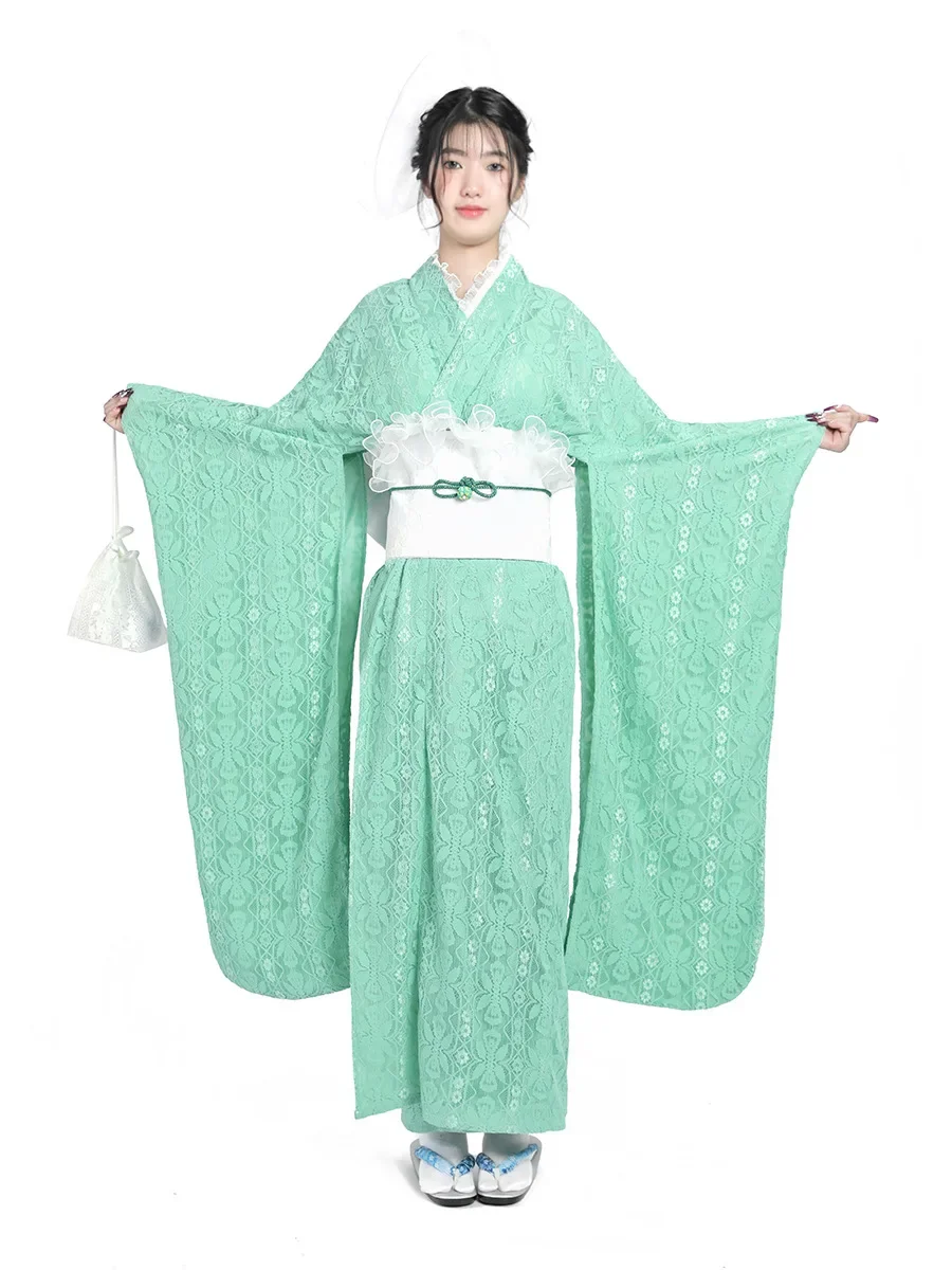 Women Formal Wear For Graduation - Women Lace Formal Furisode Kimono Green