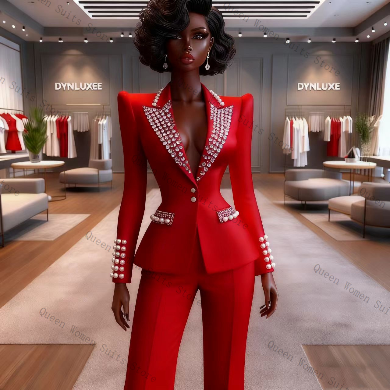 Women Formal Wear Trousers - Pearls Red Women Suit Pants Set