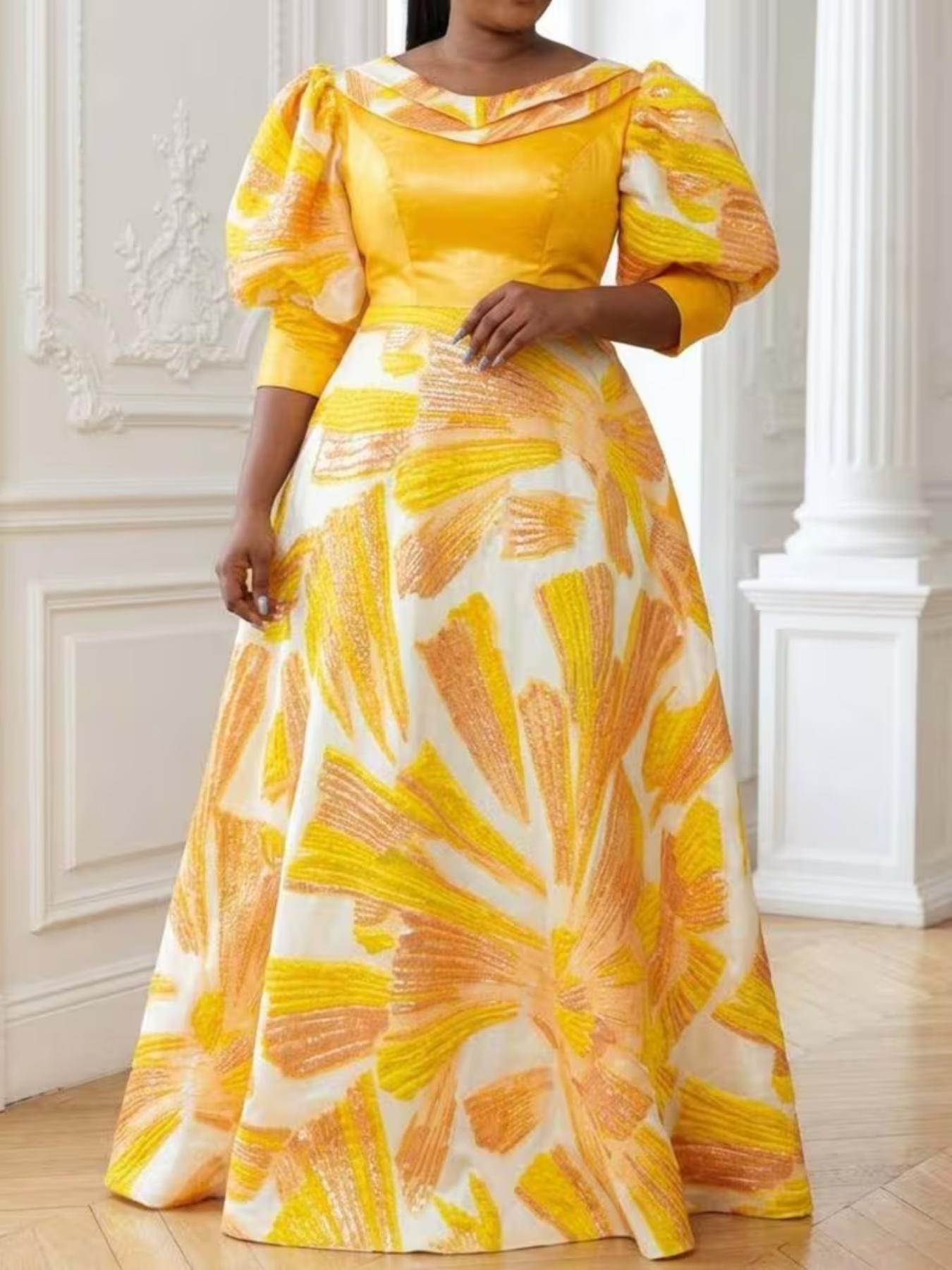 Women Formal Wear Dress - Plus Size Women Printed Satin Maxi