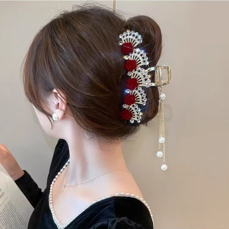 Women Formal Event Wear - Vintage Red Floral Rhinestone Hair Clip