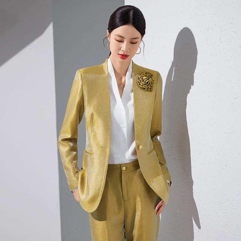 Women Blazer Pants Sets Gold A - Women Formal Wear Trousers review and price